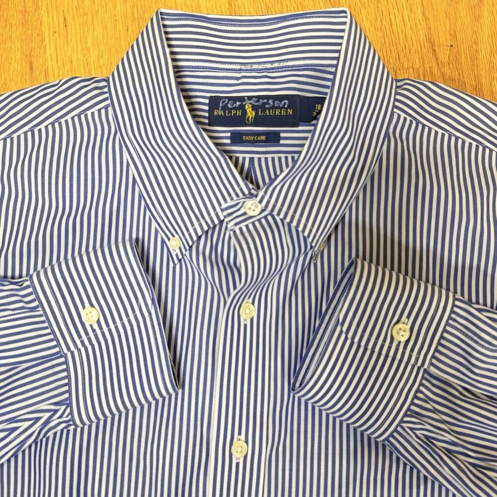 Ralph Lauren Easy Care Cotton Striped Dress Shirt Blue White 18 36/37 2XL Preppy